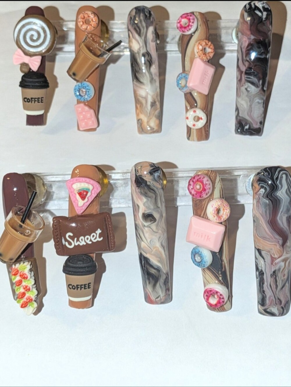 Hand Crafted 3XlMarble Coffee & Donut Press-On Nails - Pink, Brown, Cream, Black